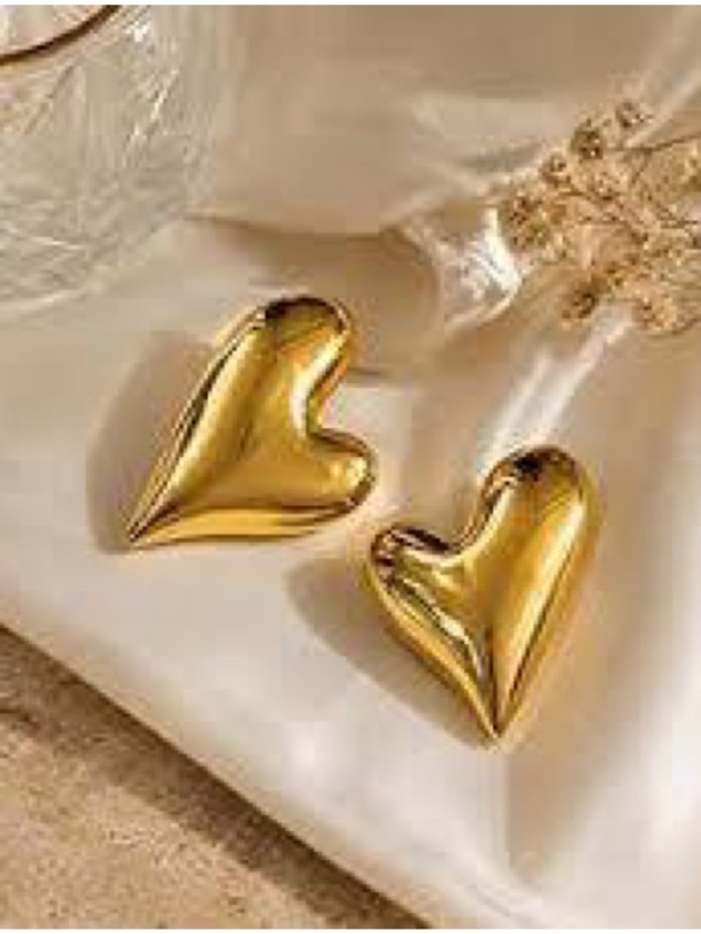 Gold Puffy Heart Stud Earrings 3D Domed Statement - Picture 2 of 5